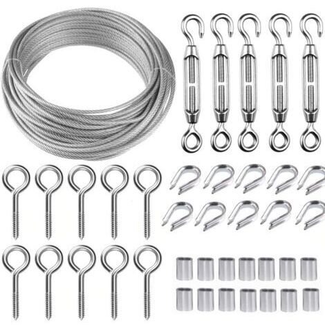 SABIR Corde en acier inoxydable 30M – 2mm avec tendeurs M5 et crochets à œil – Pour treillis, garde-corps, éclairage extérieur (1/5)