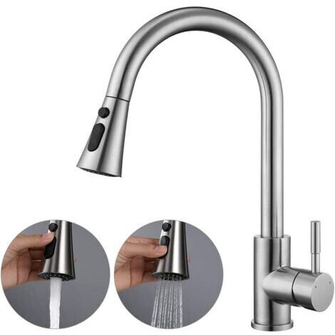 SABIR Robinet de cuisine extensible avec douchette, robinet haute pression cuisine deux types de jets d'eau, robinet d'évier cuisine orientable à 360°, mitigeur cuisine (argent) (1/5)