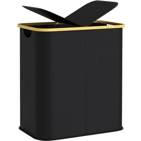 SABIR Panier à linge double pliable 80 L corbeille à linge sale avec couvercle, poignées rainurées, noir (1/5)