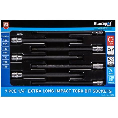 BlueSpot 7pc Extra Long Impact Torx Bit Sockets 1/4" Drive T10 - T40 Set