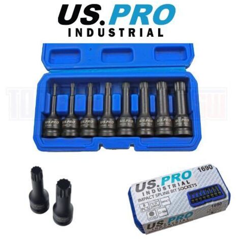 Us Pro by Bergen 8pc 1/2" Impact Spline Socket Bit Set M5-M18 Bits Cr-Mo 80mm Length 1401 (1/4)