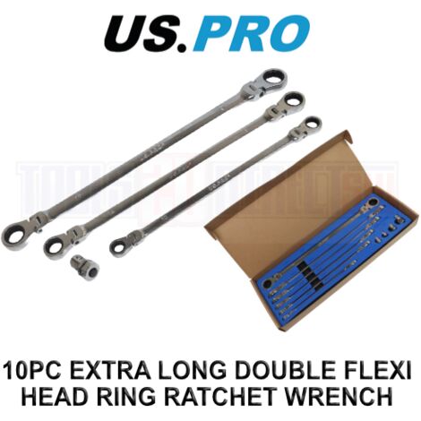 US PRO 10pc Long Double Flexi Head Ratchet Spanner Wrench Set 8-19mm 2218
