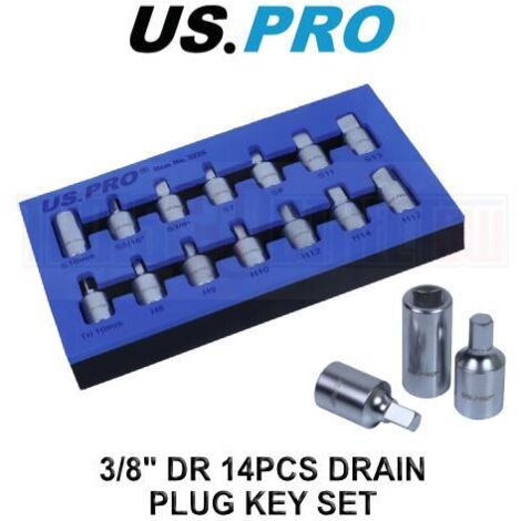 US PRO Tools 3/8" dr 14pc Drain Sump Plug Key Set, Engine Gearbox Diff 3225 (1/4)