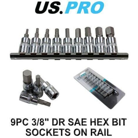 US PRO 9pc 3/8" dr SAE / Imperial Hex, Allen Bit Sockets Socket Rail 3385 (1/4)
