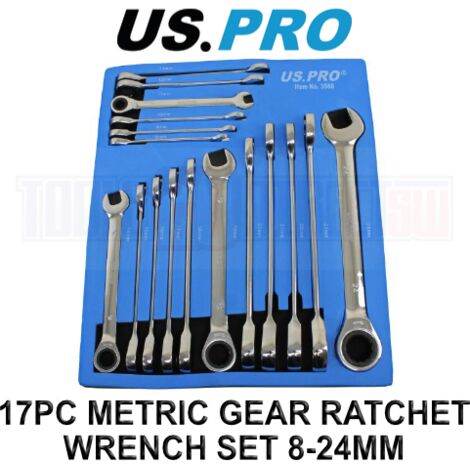 US PRO Tools 17pc 8mm-24mm Metric Gear Ratchet Wrench Spanner Set Eva Foam Tray 3566