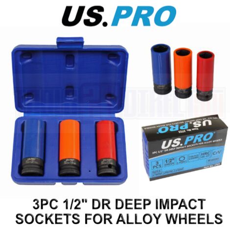 US PRO Tools 3pc 1/2" Dr Deep Impact Sockets For Alloy Wheels 17,19,21mm 3723 (1/4)
