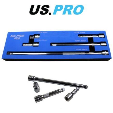 US PRO Tools 5pc 1/2" dr Wobble Extension Bars Set 50, 75, 125, 250 & 450mm 4030 (1/4)