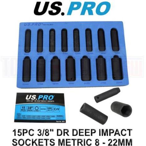 US PRO Tools 15PC 3/8" DR 6PT Deep Impact Socket Set Metric 8 - 22MM 3831 (1/4)