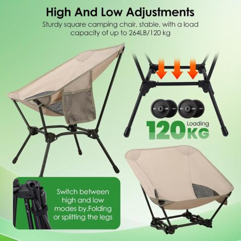 Chaise Camping Pliable Dossier Haut 120 Kg – Ultra Légère Avec Poches, Maille Respirante, 2 Hauteurs
