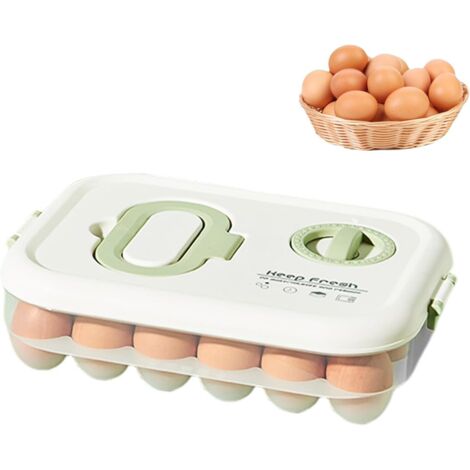 Boîte à Œufs 24 Compartiments Avec Minuterie – Range-Oeuf Frigo Portable En Plastique, Couvercle Et Poignée, Vert & Blanc
