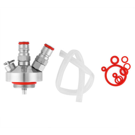 Pique à bière inox pour fût mini – raccord rapide double, étanche, 7 x 5,5 cm, argent, avec tuyau et joints (1/5)