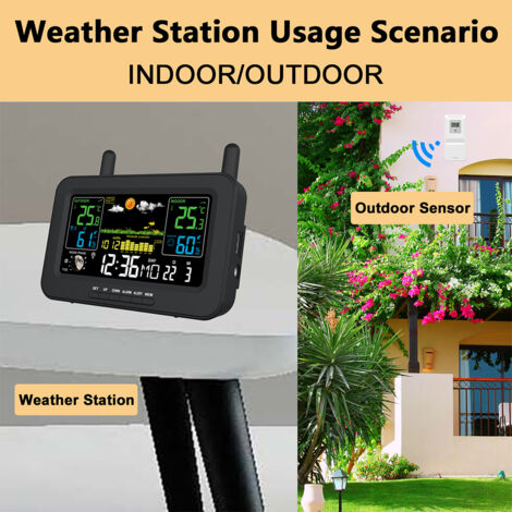 Station Météo Sans Fil Intérieur/Extérieur  Écran Couleur LCD  Thermo-Hygromètre  Capteur 433MHz 3CH  60m Portée  Fonctions Horloge Alarme Snooze  7 Langues  Noir/Blanc (1/5)