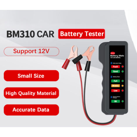 Testeur de Batterie 12V Automobile LED, Testeur d'Accumulateur Auto Moto avec Écran, Design Compact ABS, Avertissement de Surcharge, Tension 12V, Température 0-60°C (1/5)