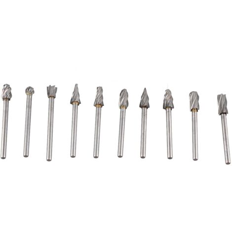 Jeu de 10 fraises carbure tungstène haute dureté pour Dremel, sculptage bois et métaux, 3mm (1/5)