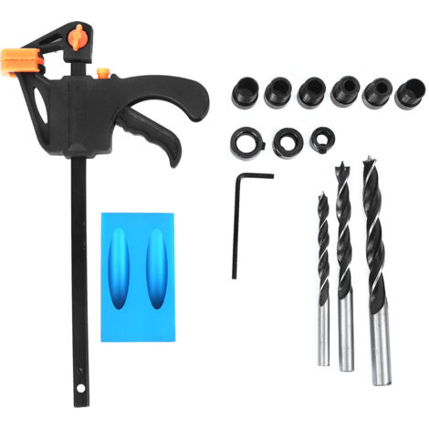 L'Alésoir à Trous Obliques pour Menuiserie, Perceuse Guide d'Angle 15°, Set de Forêt de Percage en Alliage d'Aluminium Bleu, Outil de Positionnement DIY avec 13 Accessoires pour Bois Dur et Liège (1/5)