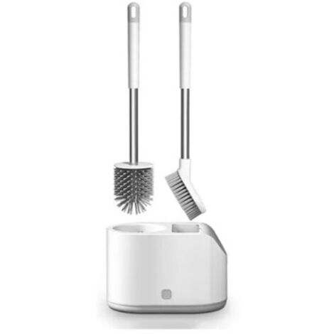 Nettoyeur Toilettes à Manche Long avec Brosse Douce 2-en-1 - Poignée Ergonomique en Plastique, Base de Rangement Drainante - Lot: Base + Brosse Ronde + Brosse Plate (Blanc) (1/5)