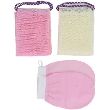 Gant de Douche et Éponge Filet Nylon Exfoliante avec 2 Straps, Lot de 2 Éponges et 2 Gants de Brossage Rose Beige pour une Peau Douce (1/5)