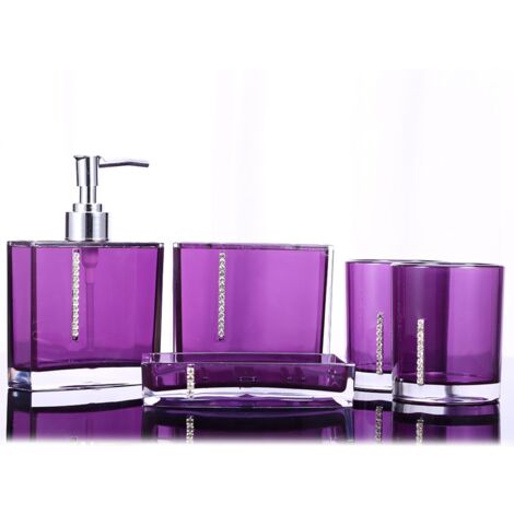 Accessoires Salle de Bain 5 Pièces en Acrylique - Porte-Brosse à Dents, Porte-Savon, Flacon, 2 Gobelets, Violet (1/5)