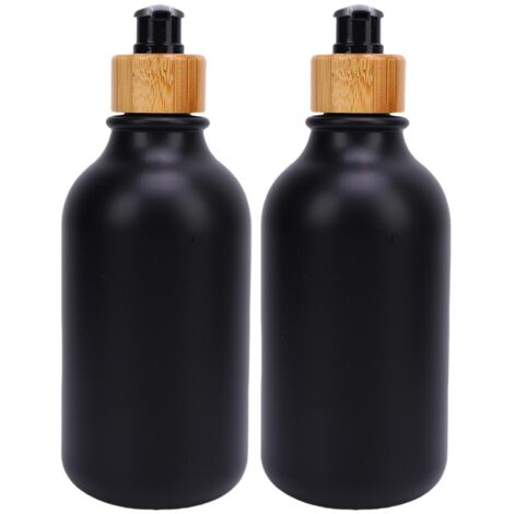 Distributeur de Savon 2 Pièces - Lot de 2 Flacons Rechargeables 500ml PET avec Pompe Bois pour Liquide Vaisselle, Shampoing et Lotion, Noir