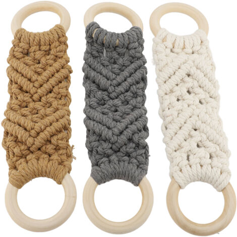 Porte-serviette macramé 3 pièces avec anneaux en bois et corde coton - Pour cuisine et salle de bain (1/5)