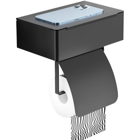 Porte-Rouleau de Toilette Murale en Acier Inoxydable Noir avec Compartiment de Rangement - Distributeur Double Fonction pour Papier et Lingettes - Installation Facile (1/5)