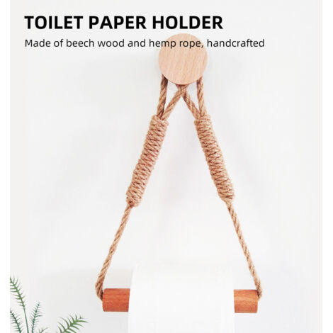 Porte-rouleau de papier toilette sans perçage Porte-serviette style industriel vintage en bois de hêtre et corde de 75cm avec kit de fixation adhésive (1/5)