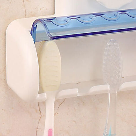 [Porte-Brosse à Dents Mural avec Couvercle] Organisateur de Salle de Bain 5 Brosse Antipoussière Ventouse Puissante Bleu ABS PVC 4Kg Charge (1/5)