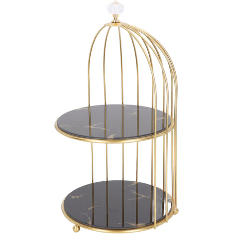 Porte-accessoires décoratif à double étage en forme de cage à oiseaux, cadre doré avec base noire et dessins dorés - Support de rangement pour salle de bain et coiffeuse en métal et verre, 2 plateaux (1/5)