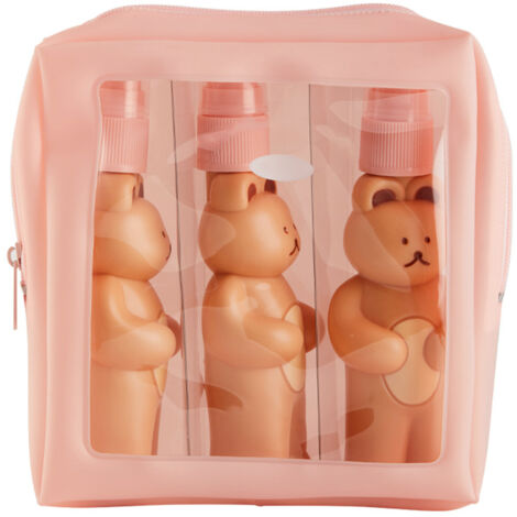 Kit de Flacons de Voyage Mignon Ours Design Délicat 2 Press Bottle 1 Spray Bottle Facile à Presser avec Sac de Rangement Imperméable pour Voyages d'Affaires (1/5)