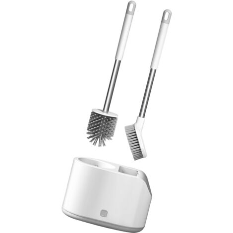 Brosse WC Double Set avec Support 2-PCS - Poils Souples, sans Installation, en Stainless Steel - Douche & Bol WC à Nettoyer Profondément, Style Minimaliste Blanc (1/5)
