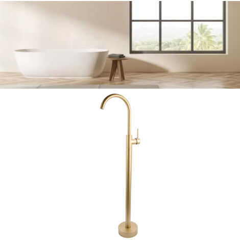 Robinet de baignoire autoportant en laiton et acier inoxydable 110cm, couleur doré brossé, sans trou, pour colonne et lavabo. (1/5)