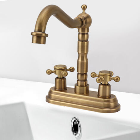 Robinet de Sink Faucet G1/2 2 Manettes Style Antique Cuivre Doré pour Cuisine/Salle de Bain - Pack avec 2 Flexibles (1/5)
