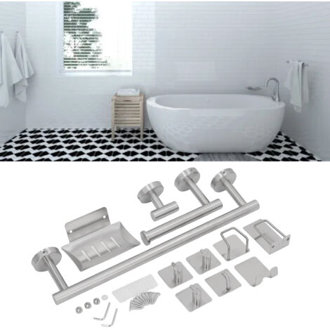 Ensemble de Support pour Salle de Bain 11 Pièces en Acier Inoxydable avec Barre de 15.6 Pouces et 8 Crochets Argenté (1/5)