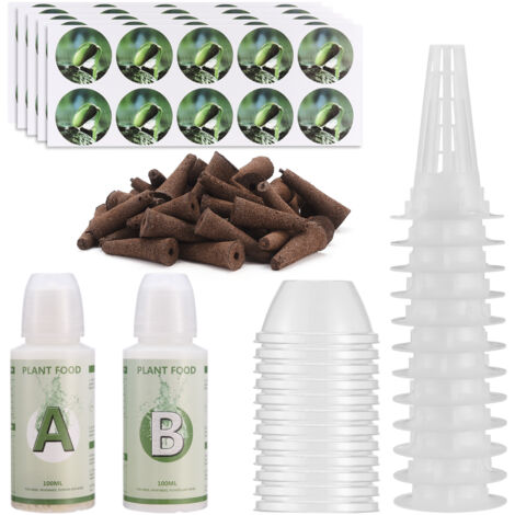 Kit hydroponique complet : Pods avec 50 sponges de culture, 12 baskets et dômes, nourriture AB, tout inclus pour herbes, fruits et légumes. (1/5)