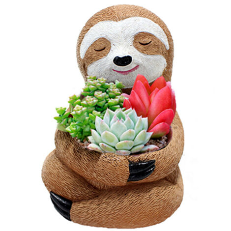 Pot de fleurs décoratif original en résine avec figurine de paresseux - 8.5x9x12cm - Pots pour plantes succulentes, décorations de bureau, idéal pour plantes, herbes, cadeau éco-responsable (1/5)