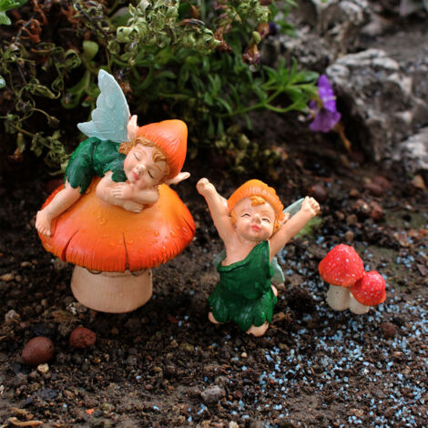 Figurines de jardin féérique - Statuette d'elfe et champignon décoratif en résine (3 pièces) pour décoration miniature extérieure