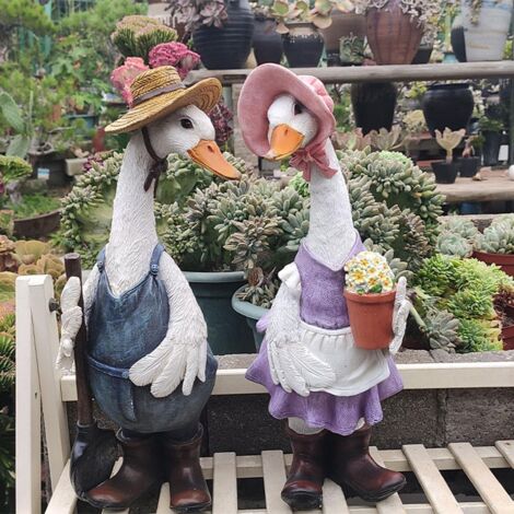 Statue de Canard Résine Décorative, Sculpture Décoration Jardins Terrasses, Durable Coloré 16x14.5x36cm et 23x14x35.5cm Ensemble Statues Double
