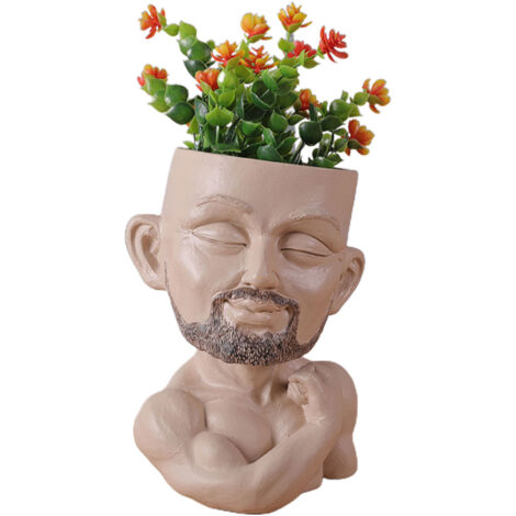 Pot de Fleurs - Pot sculpté tête en résine robuste avec trou drainage, taille double - Khaki/Marron (1/5)