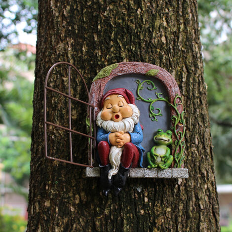 Décoration de Sculpture Naine de Jardin en Résine Miniature Ornement Fenêtre Naine Dormant Résine Haute Qualité Sculpture de Jardin Accessoires Rustique. 16.521cm Modèle.