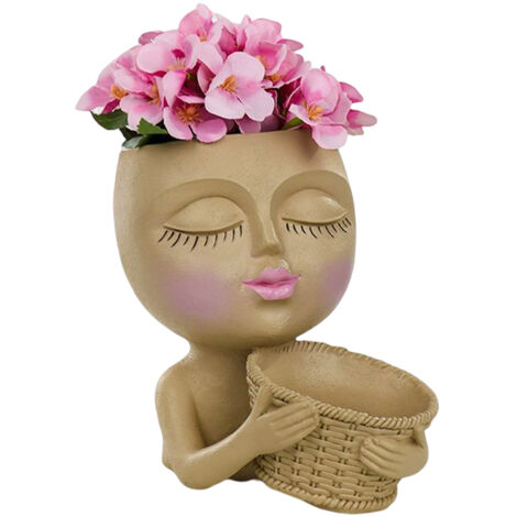 [Pot de Plantes] Soucieux Pot de Plantes Résine Face Beige Cute 420g avec Trou Drainage 15x17x18cm (1/5)