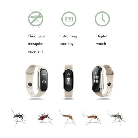 [Bracelet Anti-Moustique] Ultrasonique Rechargeable + Horloge Électronique - Silicone Noir/Blanc 26cm - Protection Multi-Fonctions (Température/Pas) (1/5)