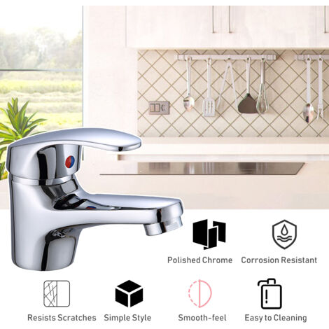 Robinet de Lavabo de Salle de Bain à 1 Manette en Cuivre, Valve Céramique, Mélangeur d'Eau Chaude et Froide, Chromé avec Flexibles (1/5)