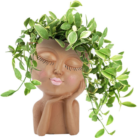 Pot de Fleurs Décoratif Resin - Support Tête Mannequin avec Pot - Figure Modelage avec Drainage, Modèle Face Pot 17cm, Coloris: Blanc/Beige/Brun/Gris, Matériel: Résine, Emballage: 1 Pièce