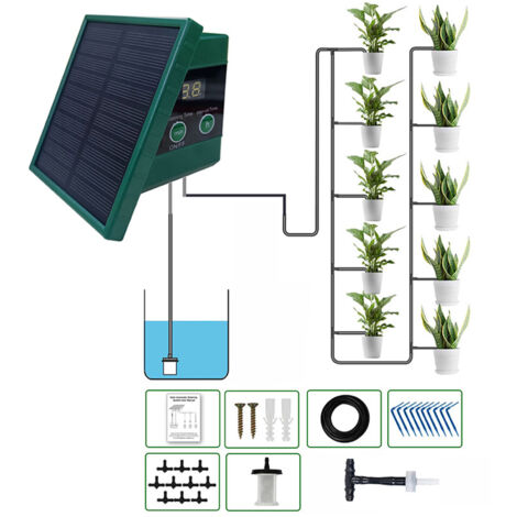 Kit DIY Irrigation Automatique pour Potagers - Système Arrosage Drip Solar 10 Plantes avec Chronomètre LED 30x7, Pompe 400mL/min et Panneau 5V ABS. (1/3)