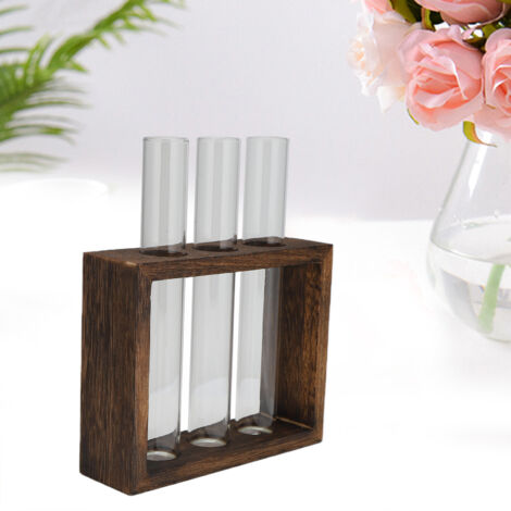 Pots à plantes hydroponiques en tubes de verre borosilicaté avec cadre en pin vintage (3 tubes) pour décoration intérieure (1/5)