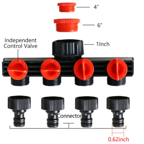 [Raccord de jardin] Distributeur d'eau 4 voies pour robinet extérieur, système d'irrigation goutte à goutte ou sprinklers, avec valves indépendantes antigouttes. (1/2)
