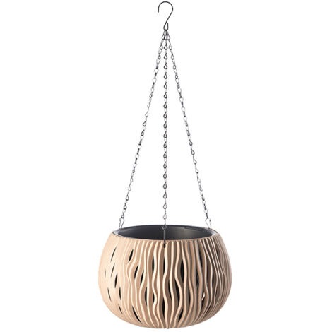 Suspension pour plante imitation rotin avec pot intérieur et chaîne métallique - Modèle minimaliste décoratif géométrique - Diamètre 27cm, Hauteur totale 73cm - Coloris Blanc, Khaki ou Gris - Pot de f (1/5)