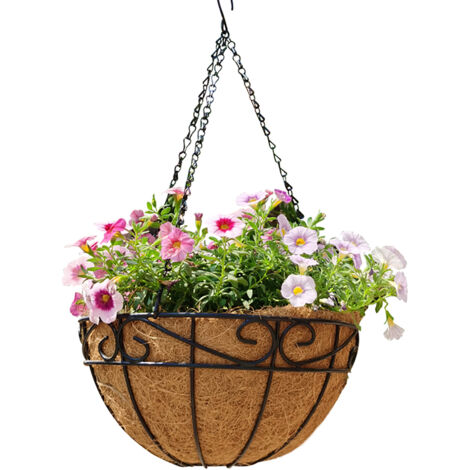 Corbeille suspendue de jardin - Panier à plantes en fer et coco avec chaîne (2 pack) - 10, 12 ou 14 pouces - Décor naturel (1/5)