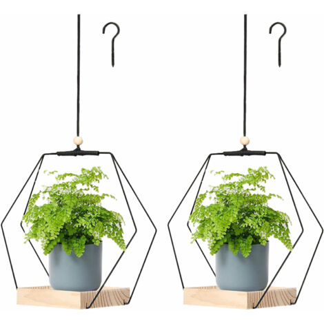 Pot à fleurs mural avec anneau en fer créatif (23cm)  Noir (Planche en bois de 2.9cm)  2 pièces - Décor bois pour la maison (1/5)
