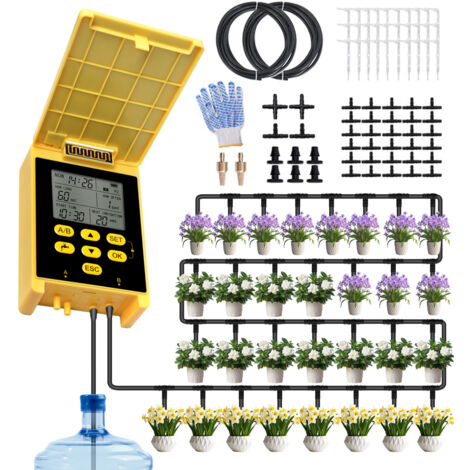Kit d'Arrosage Automatique - Système de Goutte à Goutte Dual Pump avec Détection de Pluie, Affichage Digital et Verrouillage Sécurité - 2 Groupes pour 30 Plantes en Pot avec Panneau Solaire, 98 Ft Tub